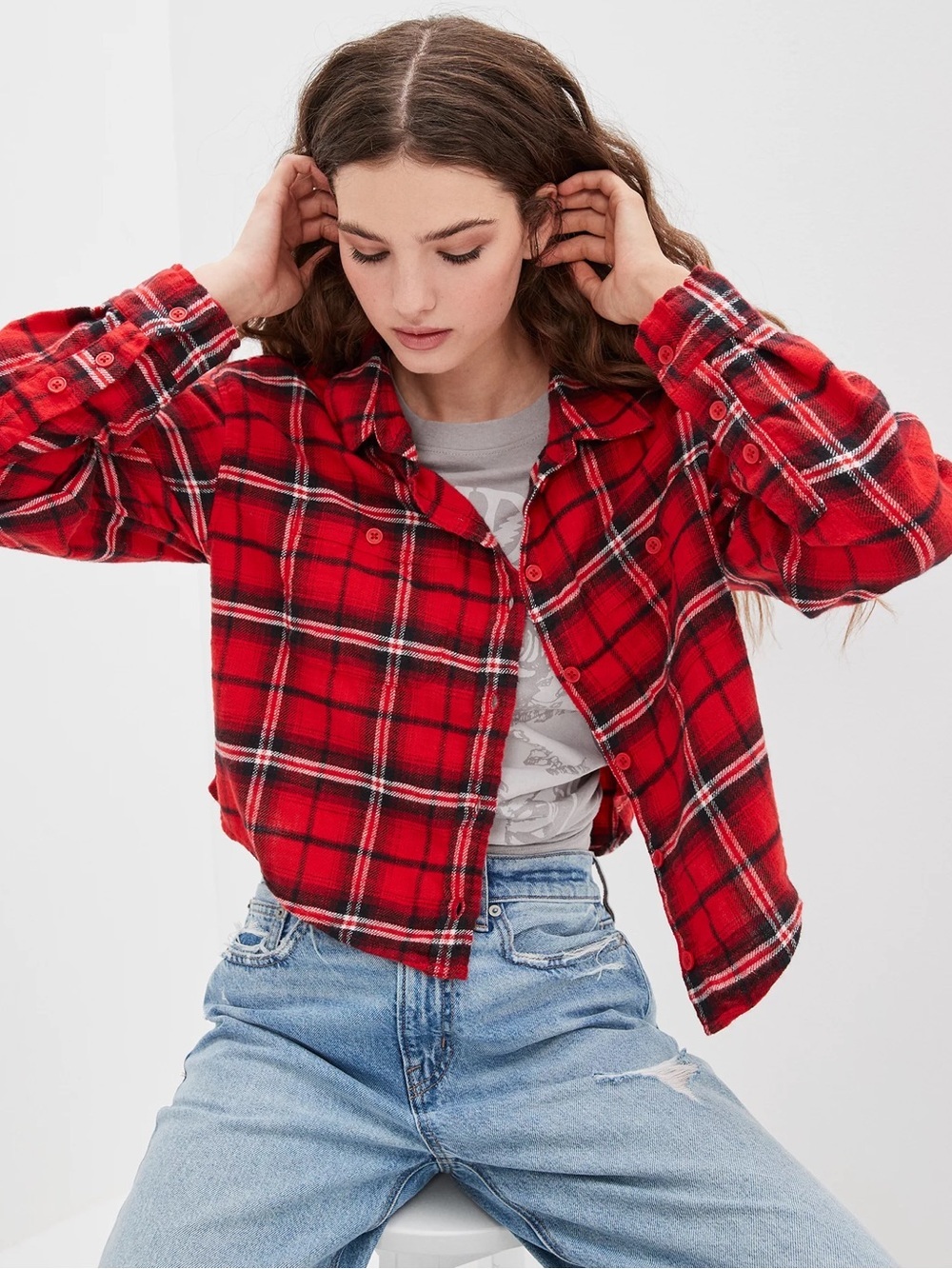 AMERICAN EAGLE Cozy Cropped Flannel Shirt NWT SZ XS